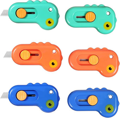 Vickay 6 Pieces Mini Box Cutter Retractable Utility Knife Letter Opener Paper Envelope Portable Cutter with Hole for Home Office and DIY Project, Cute Dinosaur Shape