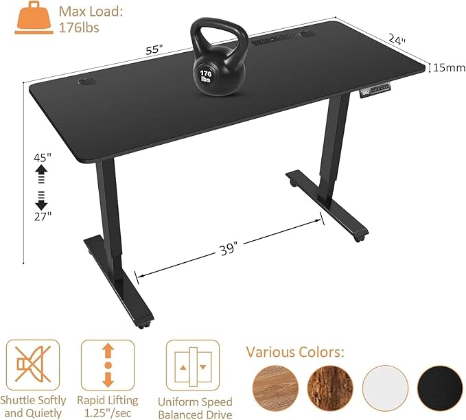 Electric Standing Desk 55 x 24 Inches Adjustable Height Sit Stand Up Desk for Home Office Computer Workstation with 2 USB Ports 3 AC Power Outlets Memory Preset and Wheels, Black
