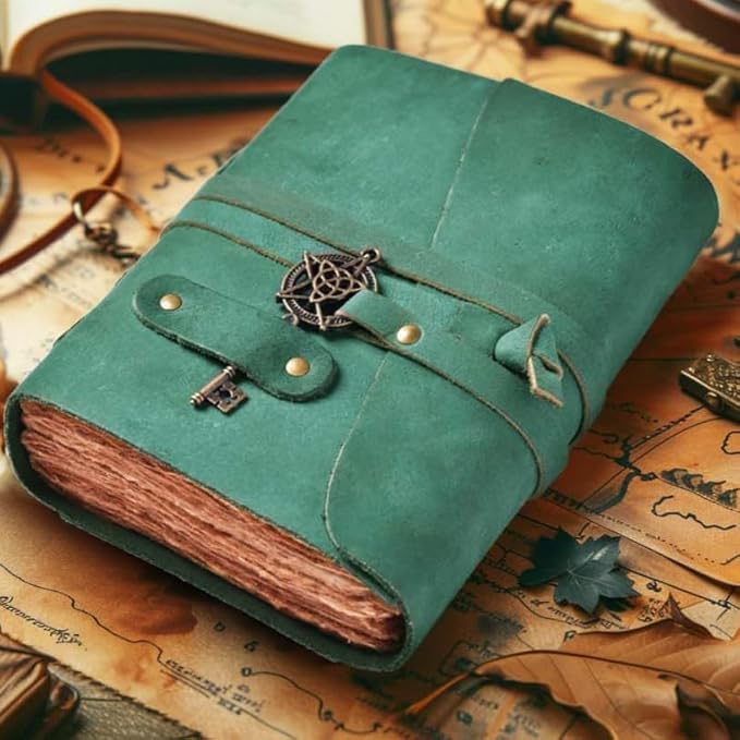 LEATHER VILLAGE Leather Bound Vintage Journal for Women & Men - 13"X8"(A4), Turquoise, 200 Pages of Handmade Deckle Edges Watercolor Paper - Antique Lock Closure - Book of Shadow