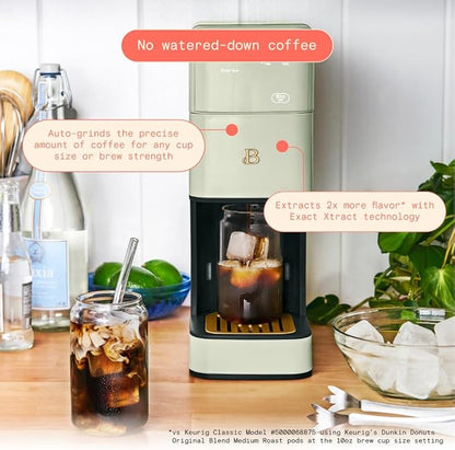 Beautiful Single Serve Coffee Maker with Built-In Burr Grinder, Hot or Iced, Pod-Free, 6 Brew Sizes, 3 Strengths, Touch Display, Reusable Filter, 64oz Reservoir, Slim Design (Sage Green)