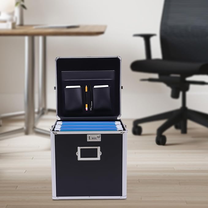 Stackable Vinyl Record Storage Box, Lockable 50 Album Storage Holder, Portable Locking File Storage Organizer with Handle, Letter/Legal File Storage,Black