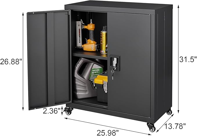 LUCYPAL Metal Storage Cabinet with Wheels,31.5" H Steel Storage Cabinet with Locking Doors and Adjustable Shelves,Metal Garage Storage Cabinets for Home Office,Kitchen,Black