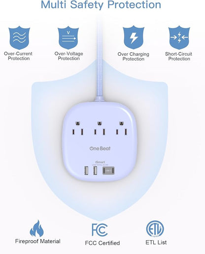 Flat Plug Power Strip, 6ft Purple Flat Extension Cord -3 Outlets 4 USB Ports (2 USBC) 22.5W/4.5A Desktop Charging Station, Power Strip No Surge Protection for Cruise Ship Dorm Room Travel Essentials