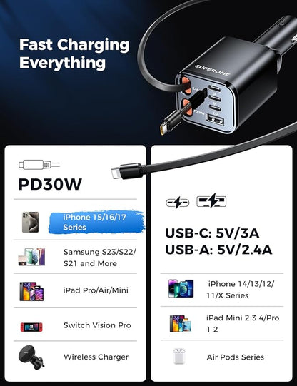 Retractable Car Charger, SUPERONE 99W Car Phone Charger with Cables Fast Charging, USB C Car Charger Adapter for iPhone 17 16 15 14 13 12, Samsung, Black