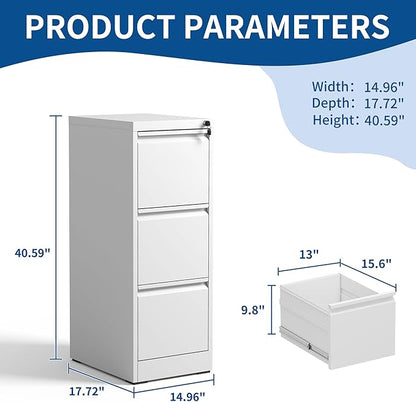 3-Drawer Locking Vertical File Cabinet, Metal Storage Cabinet for Office/Home – Secure Vertical Filing for Letter/Legal/A4/F4 Documents, Easy to Assemble Steel Cabinet (White, 3 Drawer-40 H)