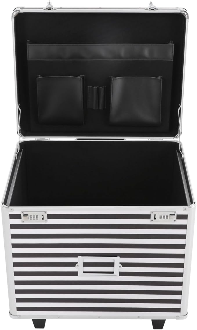 Mobile Business Case, Locking Mobile Storage File Box with Telescopic Handle, Rolling File Box Metal, 19.2 x 15 x 16 Inches, Portable Files Storage Organizer for Office Home School (Striped Pattern)