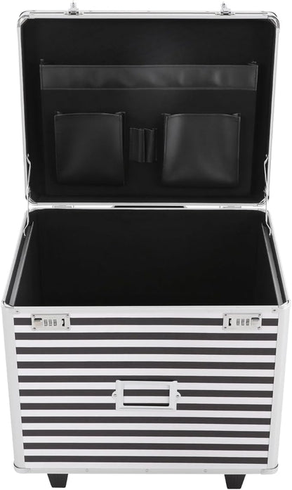 Mobile Business Case, Locking Mobile Storage File Box with Telescopic Handle, Rolling File Box Metal, 19.2 x 15 x 16 Inches, Portable Files Storage Organizer for Office Home School (Striped Pattern)