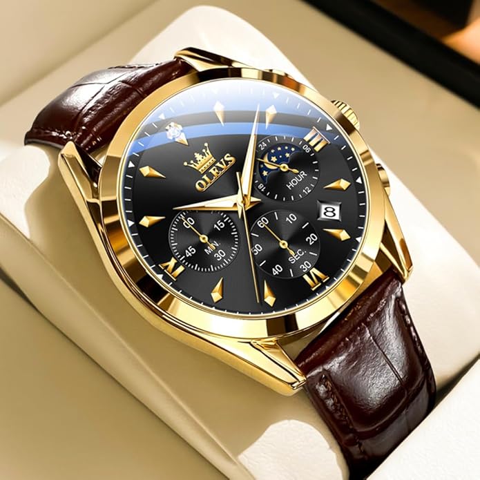OLEVS Men's Leather Analog Quartz Watch - Luxury Chronograph Wristwatch With Date, Waterproof, Luminous - Dress Style