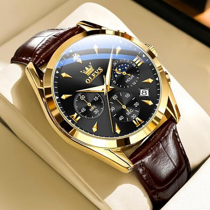 OLEVS Men's Leather Analog Quartz Watch - Luxury Chronograph Wristwatch With Date, Waterproof, Luminous - Dress Style