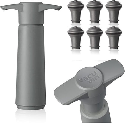 Vacu Vin Wine Saver Pump Gray with Vacuum Wine Stopper - Keep Your Wine Fresh for up to 10 Days - 1 Pump 6 Stoppers - Reusable - Made in the Netherlands