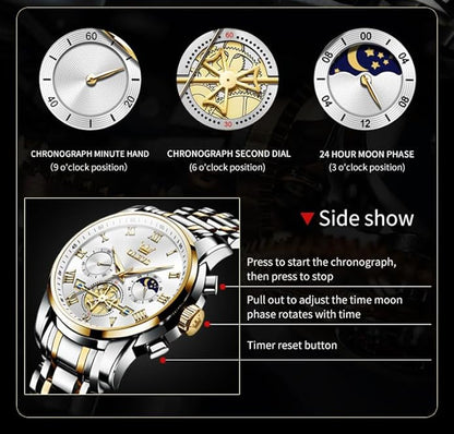 OLEVS Watches Men Waterproof Luxury Big Face Mens Watch Stainless Steel Quartz Analog Dress Watches for Men Luminous Multifunction Man Watch Relojes De Hombre