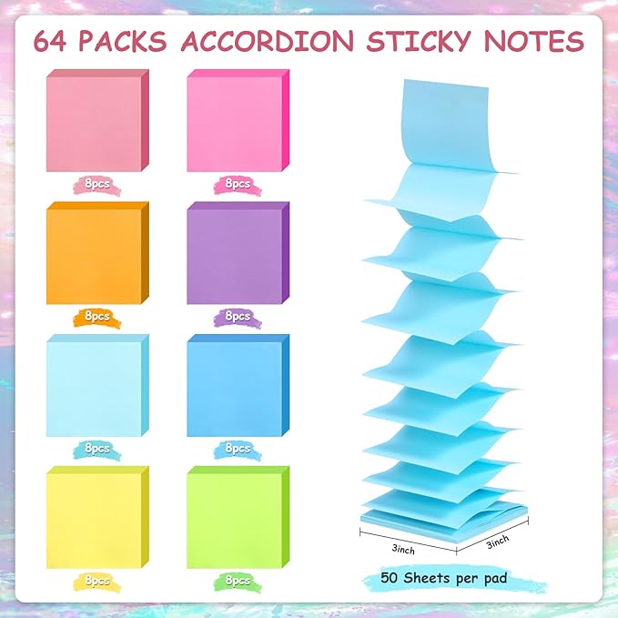 64 Pads Pop Up Sticky Notes, Accordion Sticky Notes 3x3 Refills 8 Bright Color Post Stickies Bulk Adhesive Memo Pad Colorful Popup Notes for Dispenser Home Office Meeting Work School Supplies