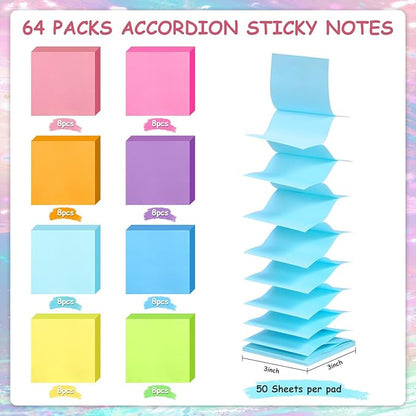 64 Pads Pop Up Sticky Notes, Accordion Sticky Notes 3x3 Refills 8 Bright Color Post Stickies Bulk Adhesive Memo Pad Colorful Popup Notes for Dispenser Home Office Meeting Work School Supplies