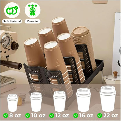 Atarvana 6 Slots Paper Cup and Lid Holder for 8-20oz Cups, Disposable Coffee Cup Dispenser of 2 Display Design for Coffee Station, Bar, Office, Home, Restaurant, Breakroom, Countertop