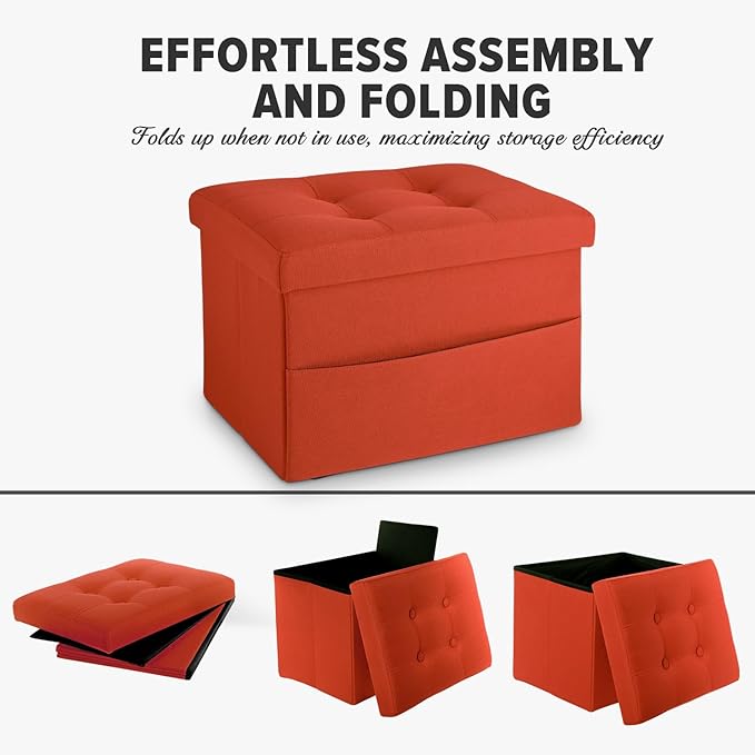 LINMAGCO Storage Ottoman Folding Foot Stool Foot Rest with Side Pocket Modern Ottoman with Storage Short Sofa Stool Linen Cloth 17x13x13(Orange)