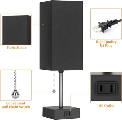 Table Lamp for Bedroom set of 2,3-Color Bedside Lamps with Pull Chain Table Lamps for Nightstand with AC Outlets, Night Light Lamps with 2 Bulbs Lamps for Living Room Kids Office Decor（Black）