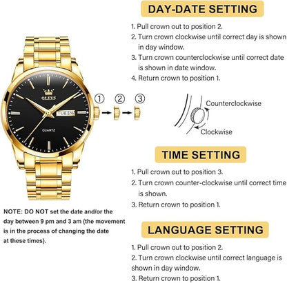 OLEVS Men's Luxury Watch Waterproof Luminous Easy Read Chronograph Watches Full Gold/White Dail/Black Face with Calendar Wristwatch