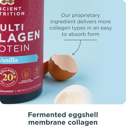 Ancient Nutrition Collagen Peptides Powder, Multi Collagen Protein, Women & Men, Vitamin C, Probiotics, Hydrolyzed Collagen, Supports Skin, Joints, Gut Health, Vanilla, 60 Servings