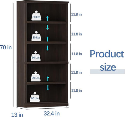 blini 5-Shelf Tall Bookcase Wooden Bookshelves 33in Wide Floor Standing Display Storage Book Shelves 70 in Dark Cherry Bookcase for Home Office, Living Room, Bed Room