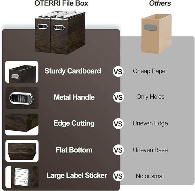 Oterri Cardboard File Organizer Box for Hanging File Folders Letter Size,File Box for Computer Desk,File Cabinet,Working Home,Office,Classroom (Brown Wood Grain Print, Letter Size - 2 Packs)