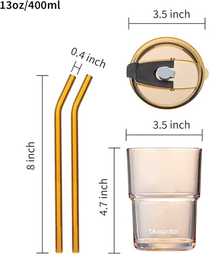 13oz/400ml Glass Water Tumbler with Straw and Lid Sealed Carry On Thick Wall Iced Coffee Cup Glass Cup for Water, Iced Tea Fruit Juice Etc (Amber-4Pack)