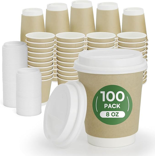 Disposable Coffee Cups with Lids 8 oz To Go Hot Cups 100 Pack Double Wall Paper Cups with Lids BPI Compostable Cups PLA Coated Natural Kraft Insulated Coffee Cups for Togo Office Coffee Bar Supplies