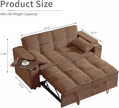 65'' Convertible Sleeper Sofa Bed with Adjustable Backrest, Chaise Lounge, Side Table & USB/Type-C Ports – Stylish & Functional Addition to Any Living Room (Brown)