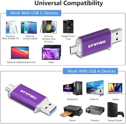 Thkailar 128GB USB C Flash Drive 3.1,USB C Thumb Drive 3.0 Up to 150MB/s Read USB Drive for iPhone 15,Android Phones,PC,MacBook,Laptop(Purple)
