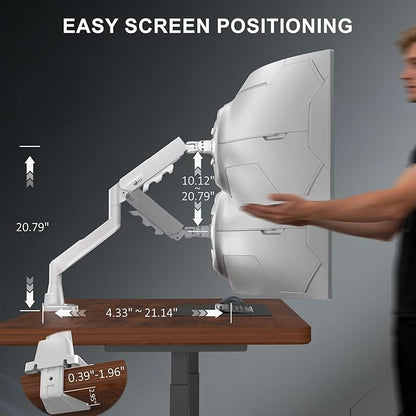 WALI Single Monitor Arm with Desk Mount for 17–49 Inch Screens – Holds Up to 33 lbs, Fully Adjustable VESA Monitor Stand, Heavy Duty Gas Spring for Gaming & Home Office (GSM001XLNW),White