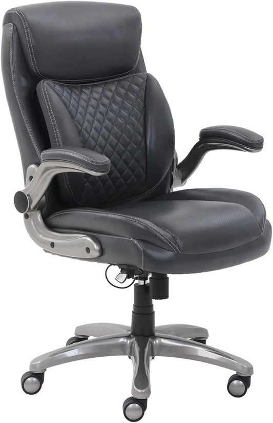 Amazon Basics Ergonomic Executive Office Desk Chair with Lumbar Support, Flip-up Armrests, Adjustable Height, Grey Leather