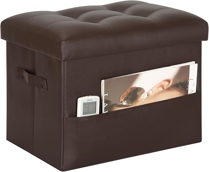 Storage Ottoman Foot Rest Stool, Foldable Leather Footstool Storage Bench with Thicker Foam Padded Seat. Foot Rest Under Desk for Living Room Bedroom 350 lbs, 17x13x13 in, Brown
