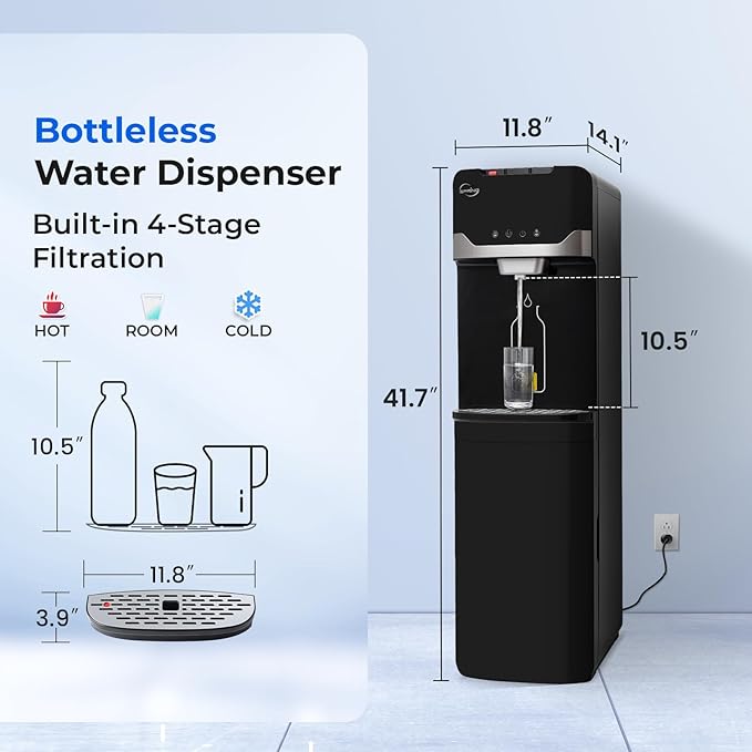 iSpring Bottleless Water Dispenser with 4-Stage Filtration, SGS-Tested 99% of Lead Removal, Water Cooler Dispenser - Hot, Cold, Room Temp, Self Cleaning, Black, Model: DS4B-PB