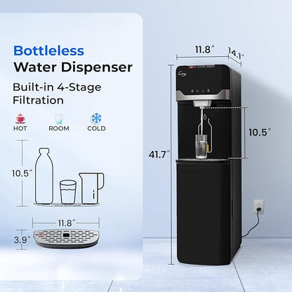 iSpring Bottleless Water Dispenser with 4-Stage Filtration, SGS-Tested 99% of Lead Removal, Water Cooler Dispenser - Hot, Cold, Room Temp, Self Cleaning, Black, Model: DS4B-PB