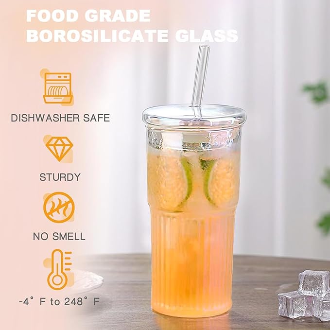 Rainbow 20 OZ Glass Cups With Lids and Straws, 4 Set Glass Tumbler Cup with Leakage Lid, Glass Iced Coffee Cups for Drinking Juice Smoothie Matcha, Suit for Car Cup Holder