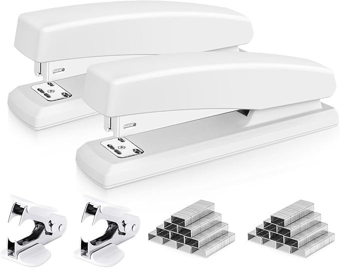 Deli Stapler, Desktop Stapler, 2 Pack, Office Staplers, 25 Sheet Capacity, Includes 2000 Staples and 2 Staple Removers, 2 Pack, White