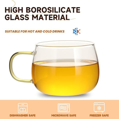 Glass Tea Cups Set of 4, Clear Borosilicate Glass Teacups with Colorful Handle for Tealover, Dishwasher & Microwave Safe Large Coffee Mugs for Espresso Cappuccino Latte Juice, 12OZ/360ML