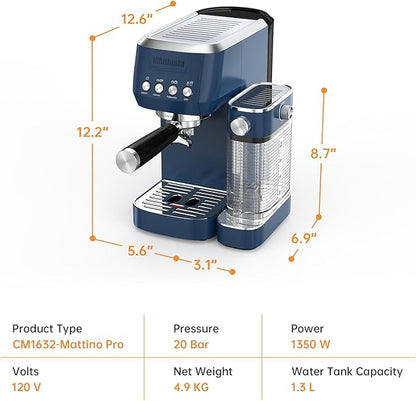 MAttinata Cappuccino Machine 20 Bar, Professional Espresso Machines for Home and Office with Automatic Milk Frothering System, Barista Compact Latte Maker for Coffee Lovers, Stainless Steel-Blue