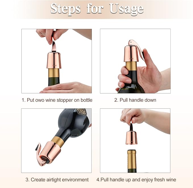 OWO Stainless Steel Wine Bottle Stopper, Reusable Wine Saver with Silicone Seal, Decorative Bottle Sealer, Keeps Fresh (Rosegold, 2 Pack)