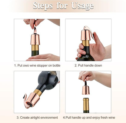 OWO Stainless Steel Wine Bottle Stopper, Reusable Wine Saver with Silicone Seal, Decorative Bottle Sealer, Keeps Fresh (Rosegold, 2 Pack)