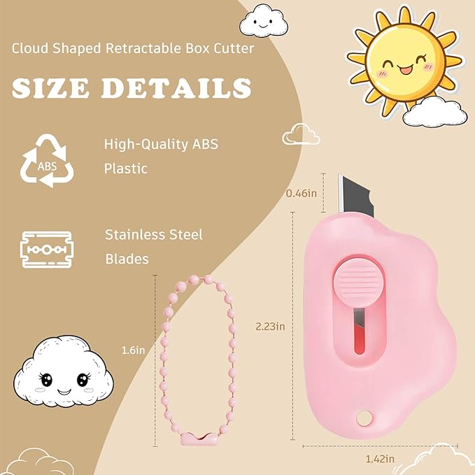 Cloud Retractable Box Cutter 4 Pack - With Key Rings,Safe Auto-Retract Design,Mini Paper Cutter for Box,Packages,Mail,Envelopes,Portable Keychain Letter Opener for Home,Office,Travel