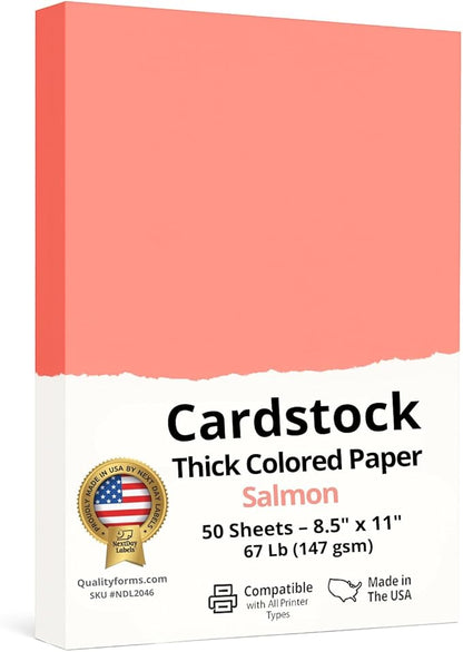 NextDayLabels Color Cardstock Paper - 50 Sheets - 8-1/2" x 11" - Salmon 67 lb (147 gsm) - Thick Colored Paper for Crafting, Invitations, Posters, Flyers, and DIY Projects - Made in USA