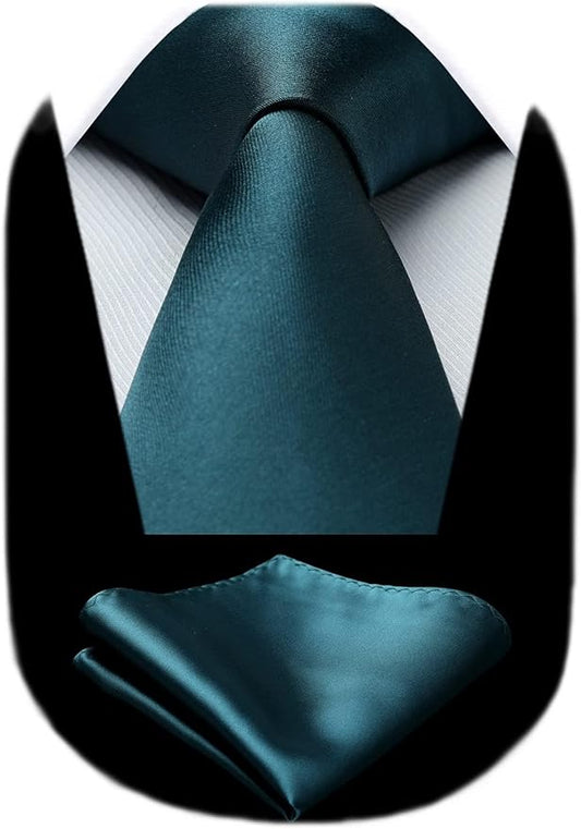 HISDERN Mens Solid Color Ties Formal Satin Necktie and Pocket Square Set Classic Wedding Business Tie & Handkerchief