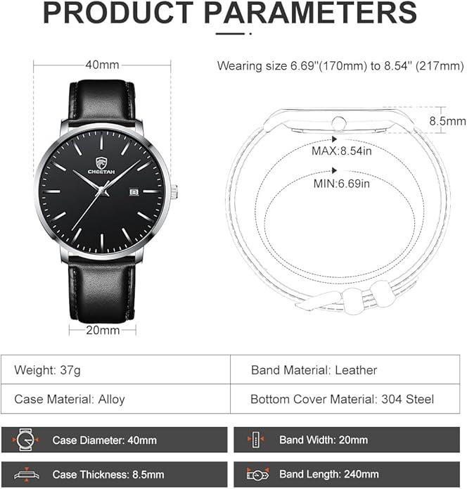 CHEETAH Minimalist Waterproof Quartz Watches for Men with Leather Strap, Auto Date