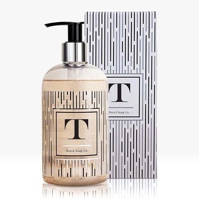 Brevä Soap Co. Monogrammed Luxury Liquid Hand Soap | Choose from Letters A to Z | Citrus Bloom Scent | Personalized Liquid Hand Wash for Bathroom & Kitchen |12 oz - Letter T