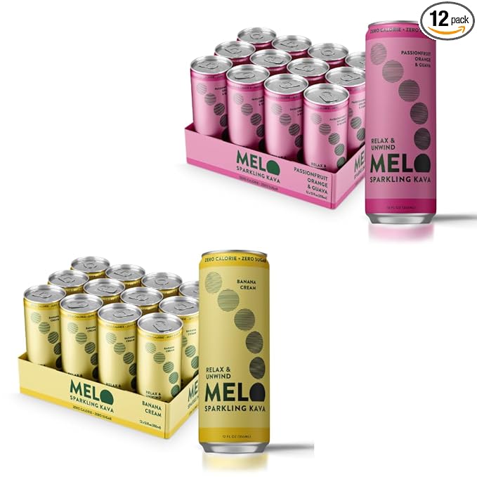 Melo Sparkling Kava Drink, Passionfruit, Orange and Guava, Banana Cream Flavor, Sugar Free Non Alcoholic Drinks, Zero Calories, Gluten Free, Vegan, 750mg Kava Root, 12 Pack, 12 oz Can