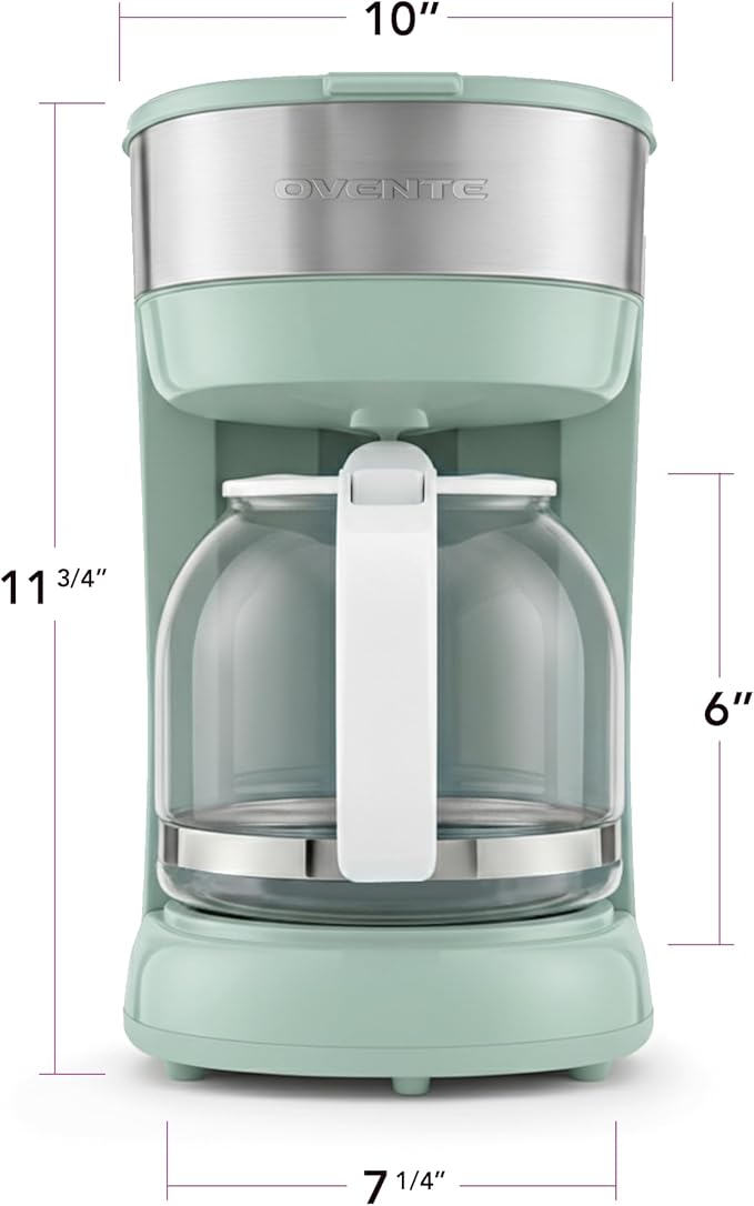 OVENTE 12-Cup Drip Coffee Maker with Borosilicate Glass Carafe, One-Touch Operation Machine, Anti-Drip System, Reusable Filter and Clear View Water Gauge, Ideal for Home or Office, Light Teal CM412LBL