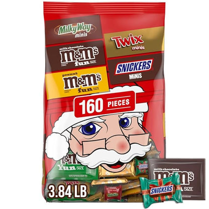 M&M'S Milk Chocolate & Peanut, SNICKERS, TWIX & MILKY WAY Fun Size Mini Chocolate Candy Variety Pack, Christmas Candy Individually Wrapped Stocking Stuffers, 160-Piece Bulk Bag