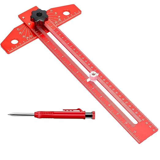 Woodworking Scriber Marking Line Ruler, Adjustable up to 18 inches Aluminum Alloy T-Square Ruler, Sliding Precision Line Drawing Angel Ruler with 1 pcs Carpenter Pencil