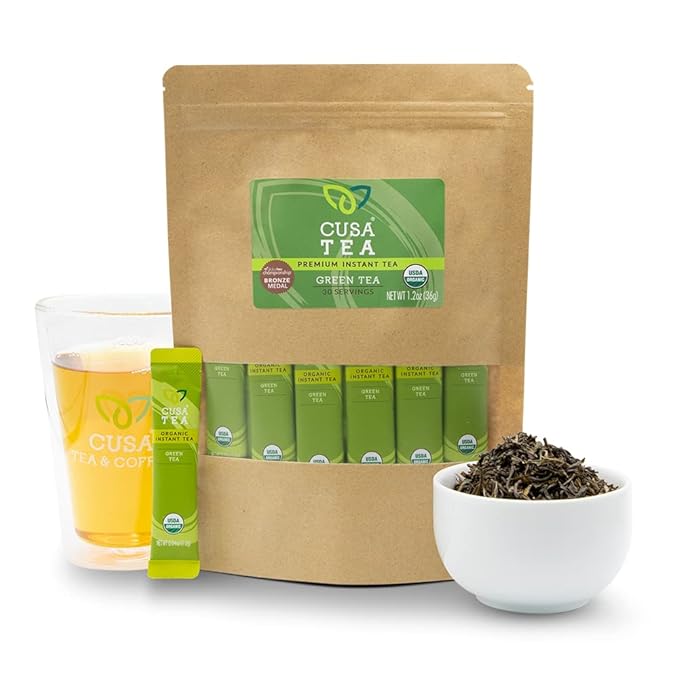 Cusa Tea & Coffee | Premium Instant Green Tea With Real Fruit & Spices | Organic Leaves Drink Mix Packets | Hot or Iced Tea (30 Single Servings)