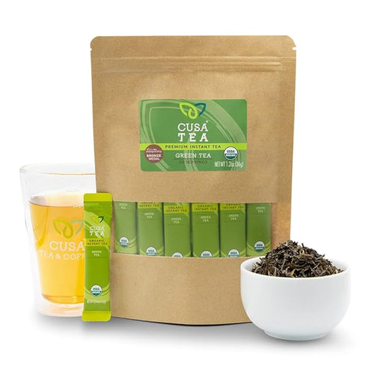 Cusa Tea & Coffee | Premium Instant Green Tea With Real Fruit & Spices | Organic Leaves Drink Mix Packets | Hot or Iced Tea (30 Single Servings)